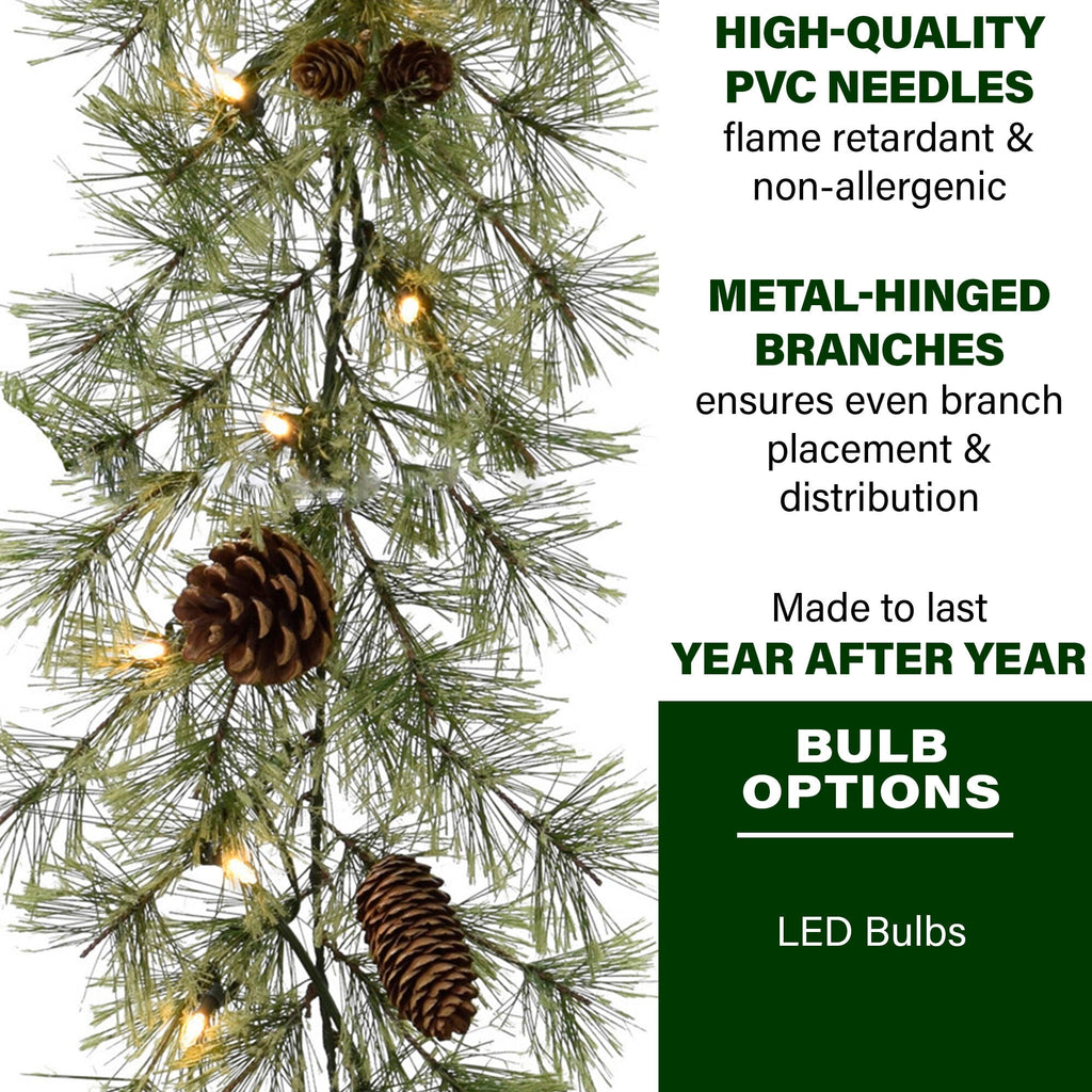 Fraser Hill Farm Green Pine Garland with Pinecones, 9-Ft. Long, Perfect Christmas Decoration for Door, Stairs, or Above Fireplace, Battery-Operated Warm White LED Lights, FF007CHGL-108-5GR
