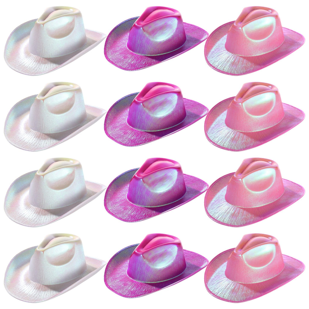 12 PCS Neon Gradient Cowboy Hats for Women, Light-Up Fluorescent Wide Brim Hats, Pearl Shiny Finish, Adjustable String, Party and Event Costume Accessory