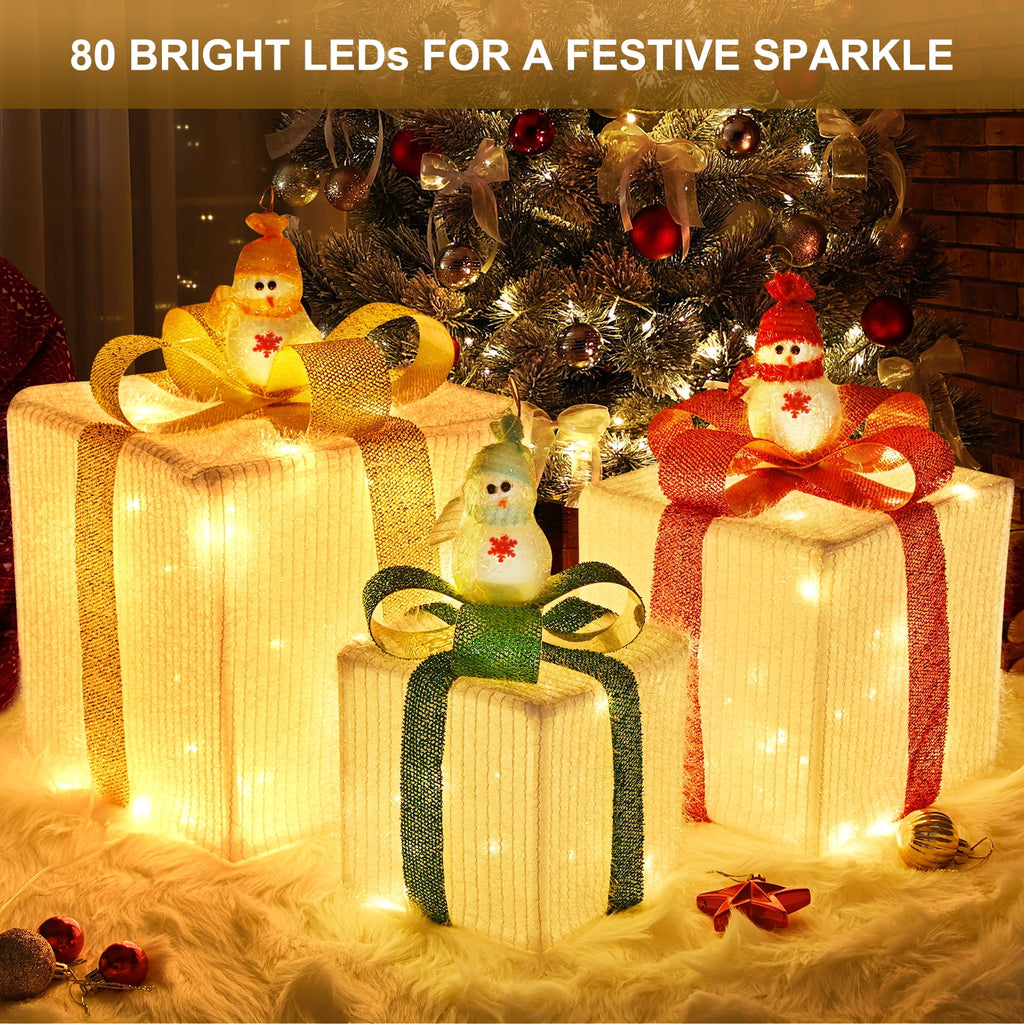 Christmas Lighted Gift Boxes, 80 LED Transparent Lighted Boxes, Christmas Home Gift Box Decorations, Set of 3