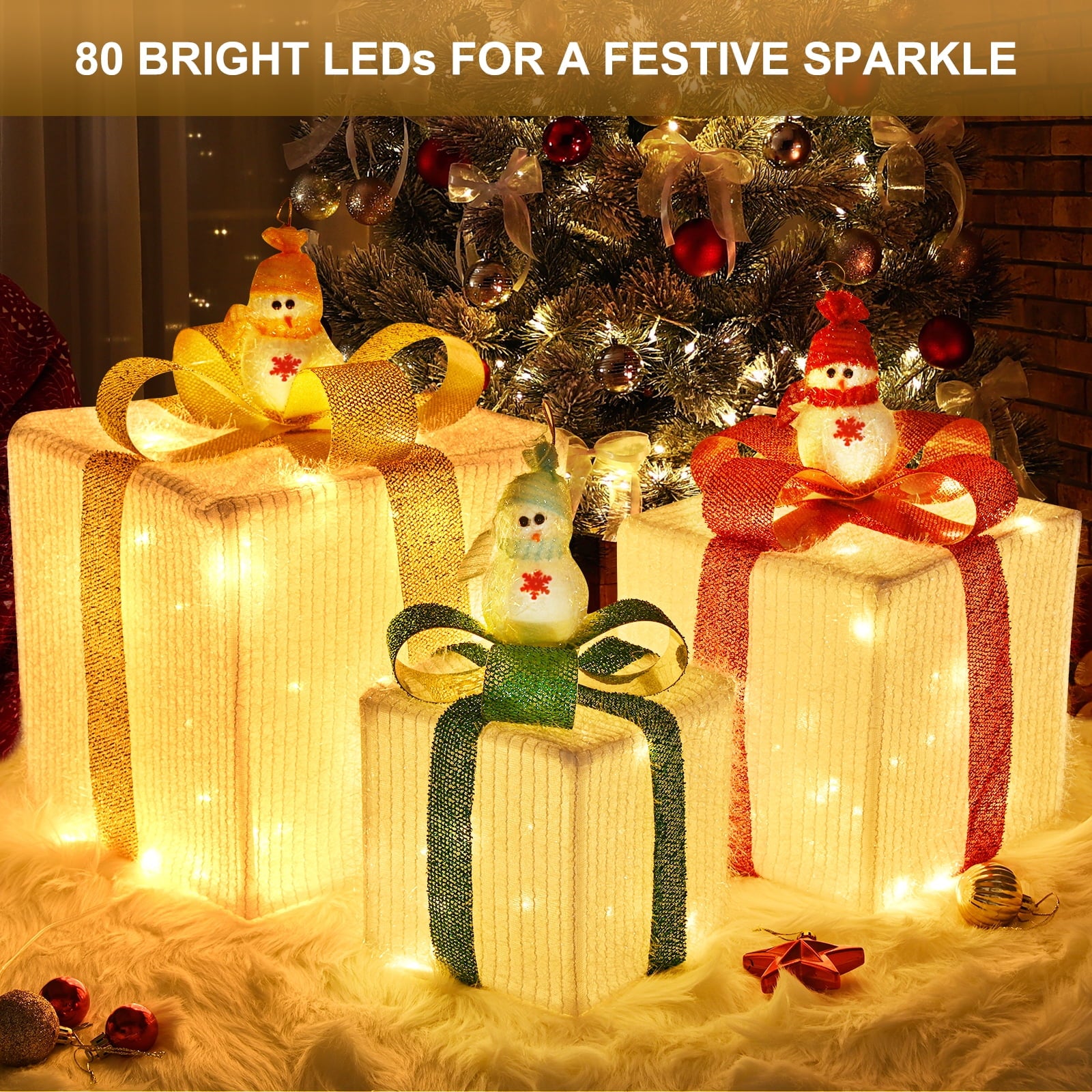 Christmas Lighted Gift Boxes, 80 LED Transparent Lighted Boxes, Christmas Home Gift Box Decorations, Set of 3