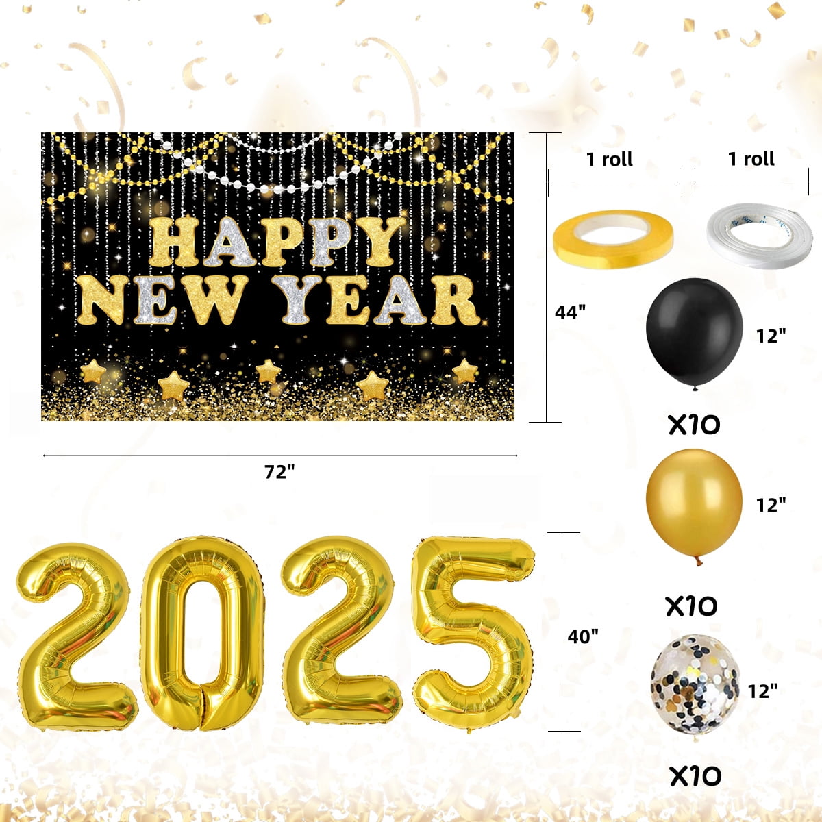 New Years Eve Party Supplies Decorations 2025 Set Large Happy New Year Banner Backdrop Gold Balloons 2025 41Pcs
