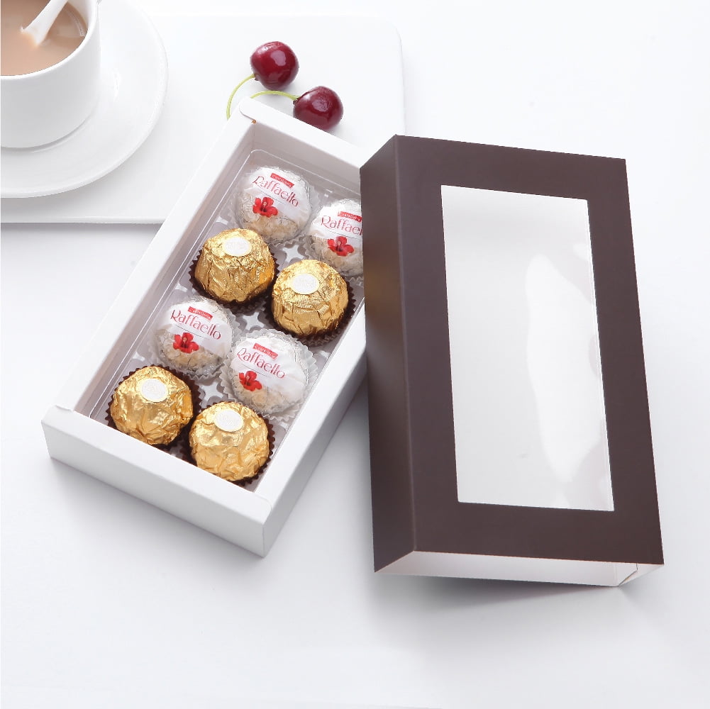 PKGSMART 20 Truffle Box with Clear Window Sleeves, Brown Chocolate Box Packaging, Candy Boxes with 8-Piece Plastics Tray（Tray Size with 5.75x2.75 inches)