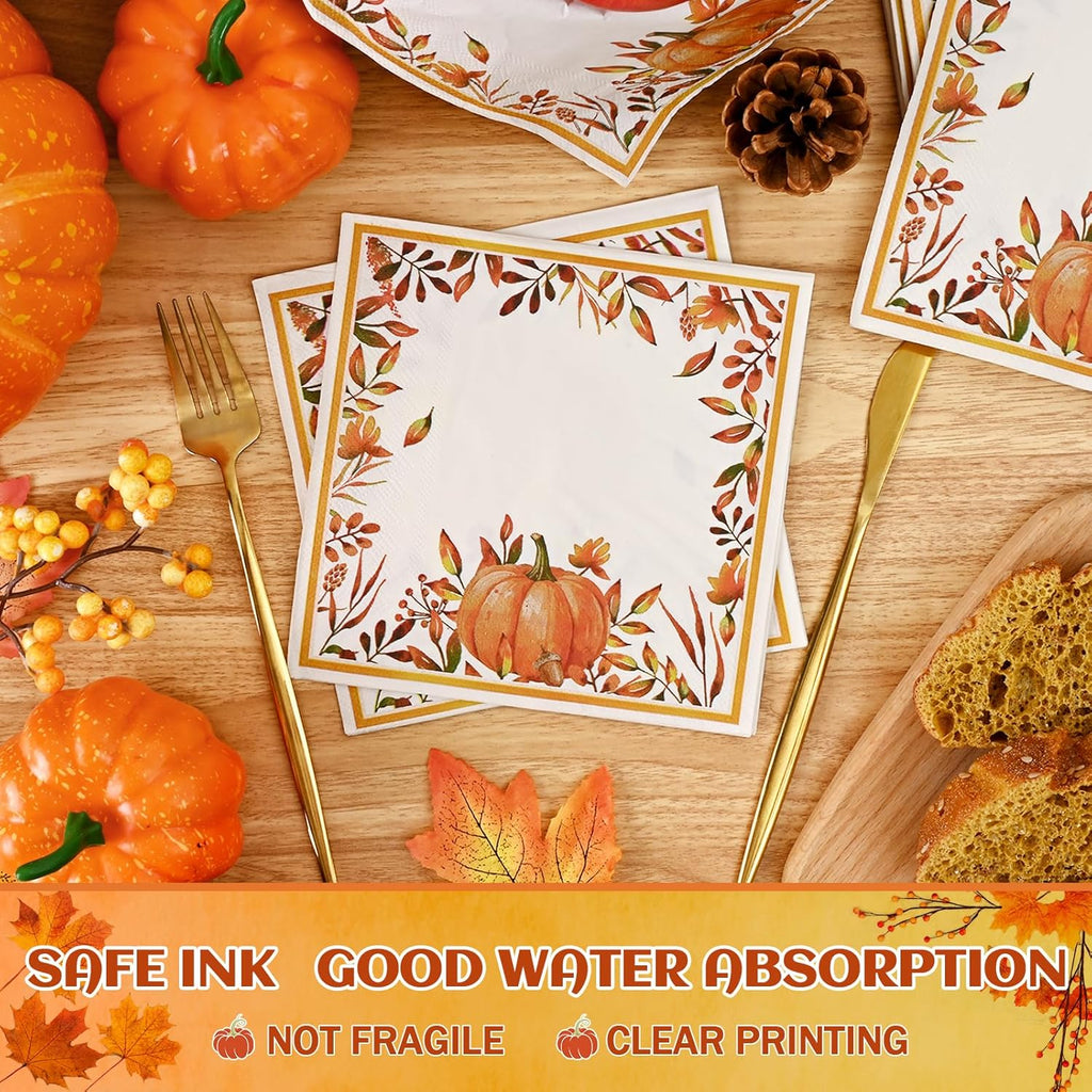 Caltero 200 PCS Fall Thanksgiving Paper Plates and Napkins, Pumpkin Wreath Disposable Dinnerware Set Serve 50 Party Supplies