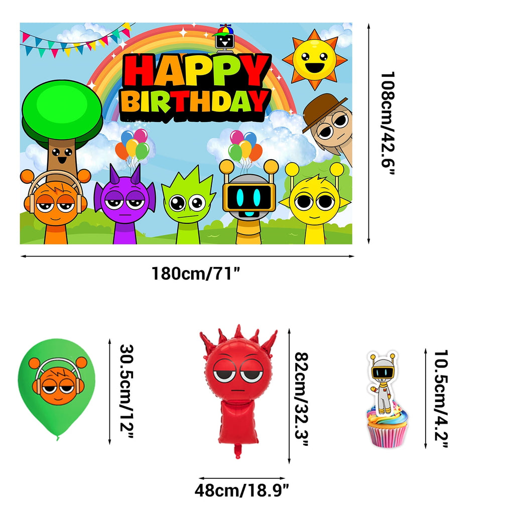 231 Pcs Sprunki Birthday Party Decoration Set - 24 Cake Toppers, 18 Balloons, 1 Happy Birthday Banner, 55 Stickers, 1 Large Cake Topper, 1 Table Cloth, 1 Backdrop Banner Party Supplies for Fans.