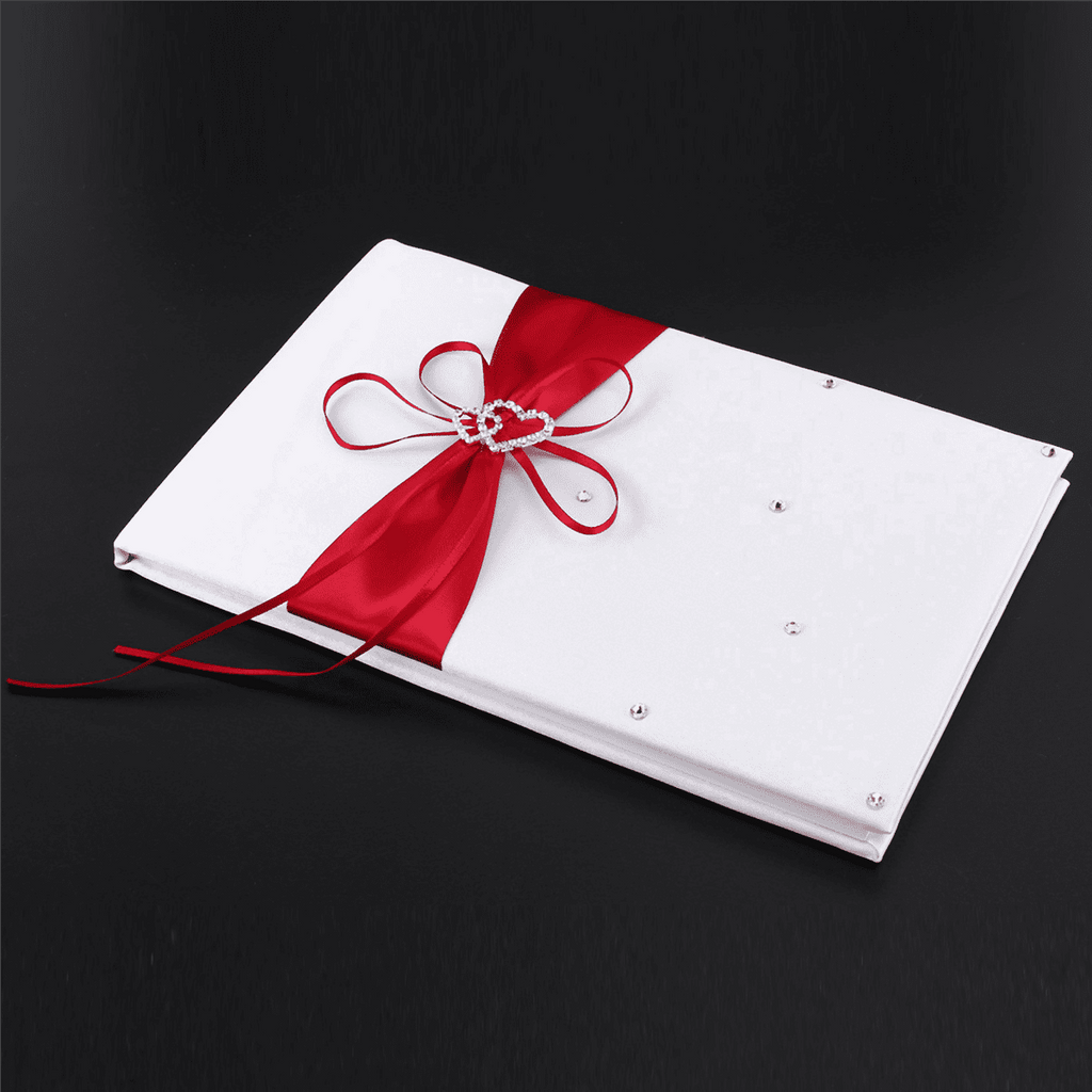 2X Wedding Guest Book with Pen Holder Sets Satin Bows Signature Book with Diamonds Love Shape Red+White