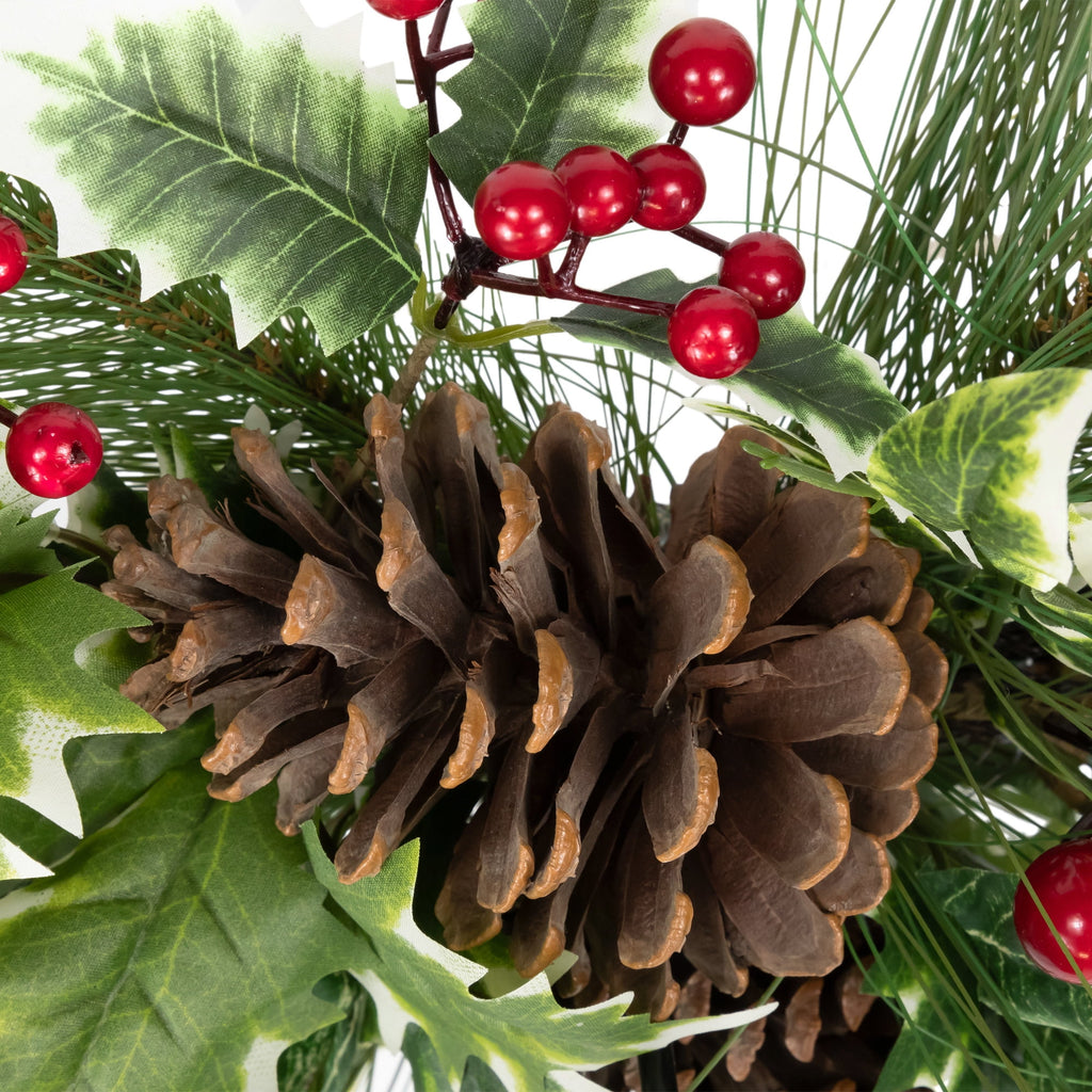 Northlight Holly and Berries Christmas Pillar Candle Holder with Pine Cones - 28"