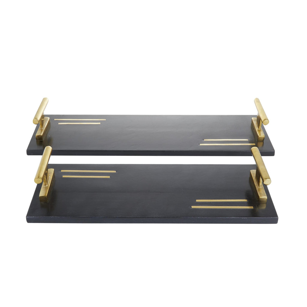 DecMode 22", 18"W Black Marble  Tray with Gold Handles, 2-Pieces