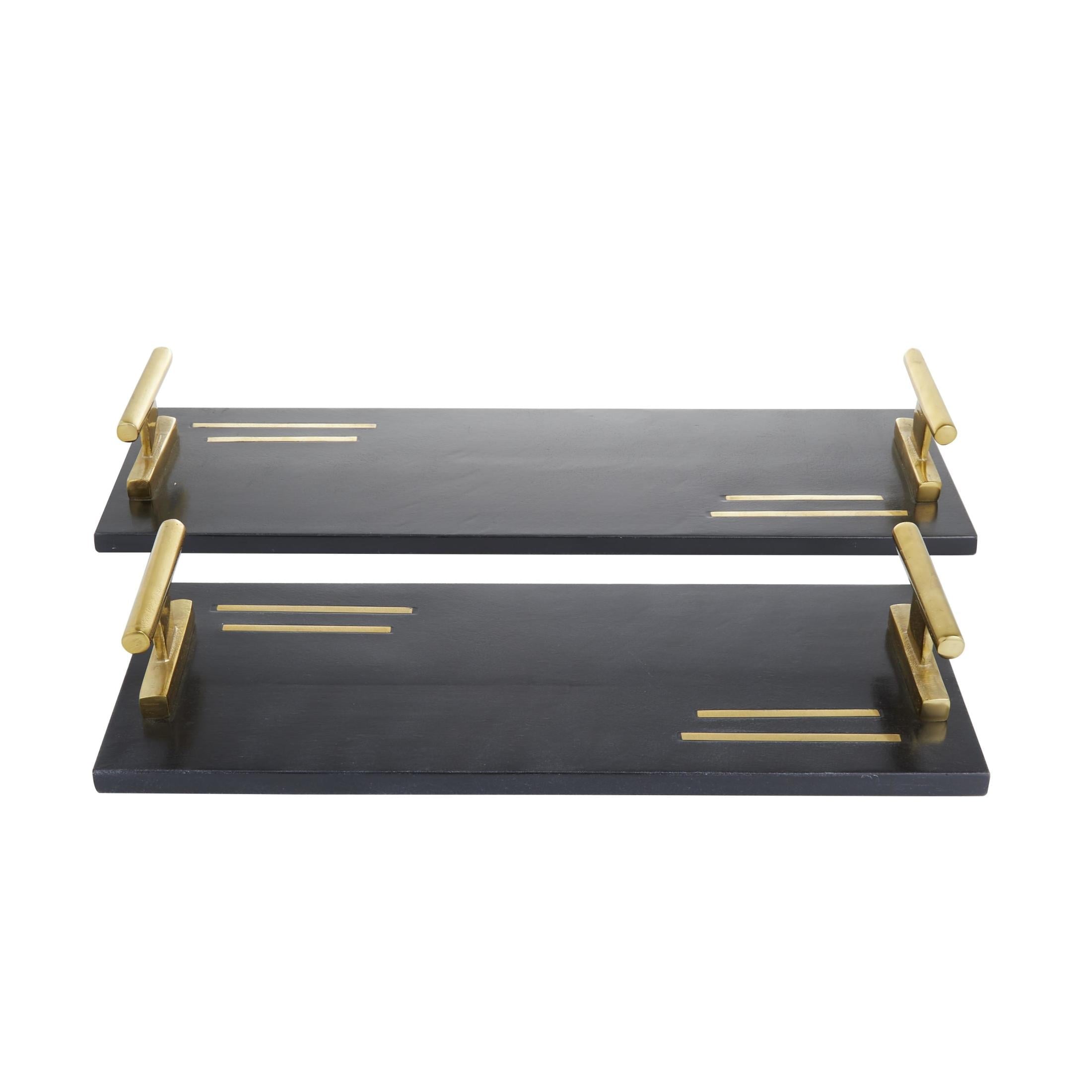 DecMode 22", 18"W Black Marble  Tray with Gold Handles, 2-Pieces