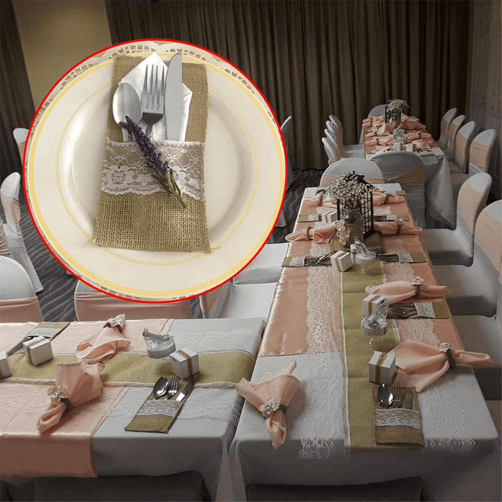 225Pcs Burlap Lace Cutlery Pouch Rustic Wedding Tableware Knife Fork Holder Bag Hessian Table Decoration,225 * Sack Bag,yellow-brown