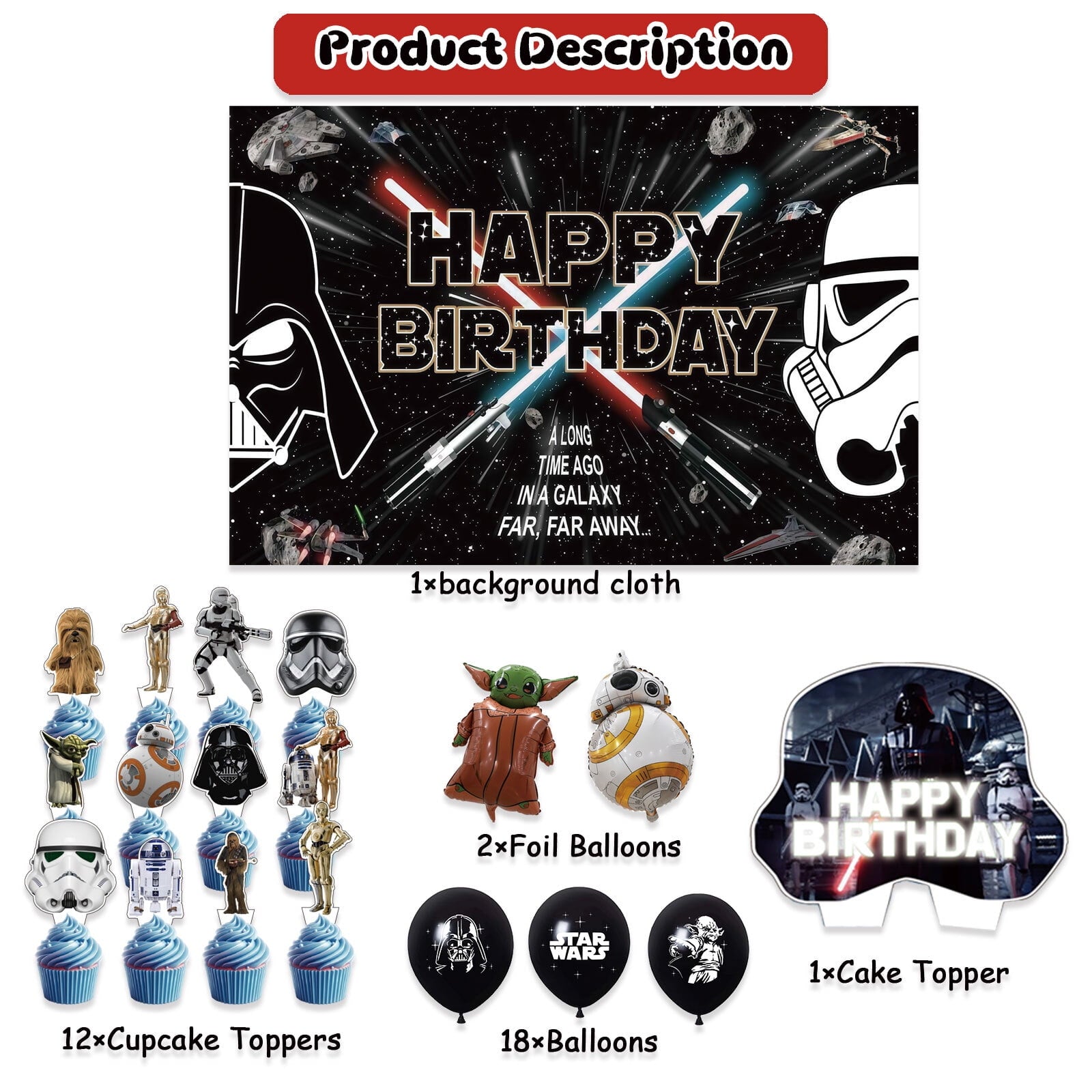 34 Pcs For Star Cartoon For Wars Party Decoration Set Mandalorian– Yoda Includes Backdrop, 2 Foil Balloons, 18 Balloons, and 13 Cupcake Toppers for Themed Celebrations