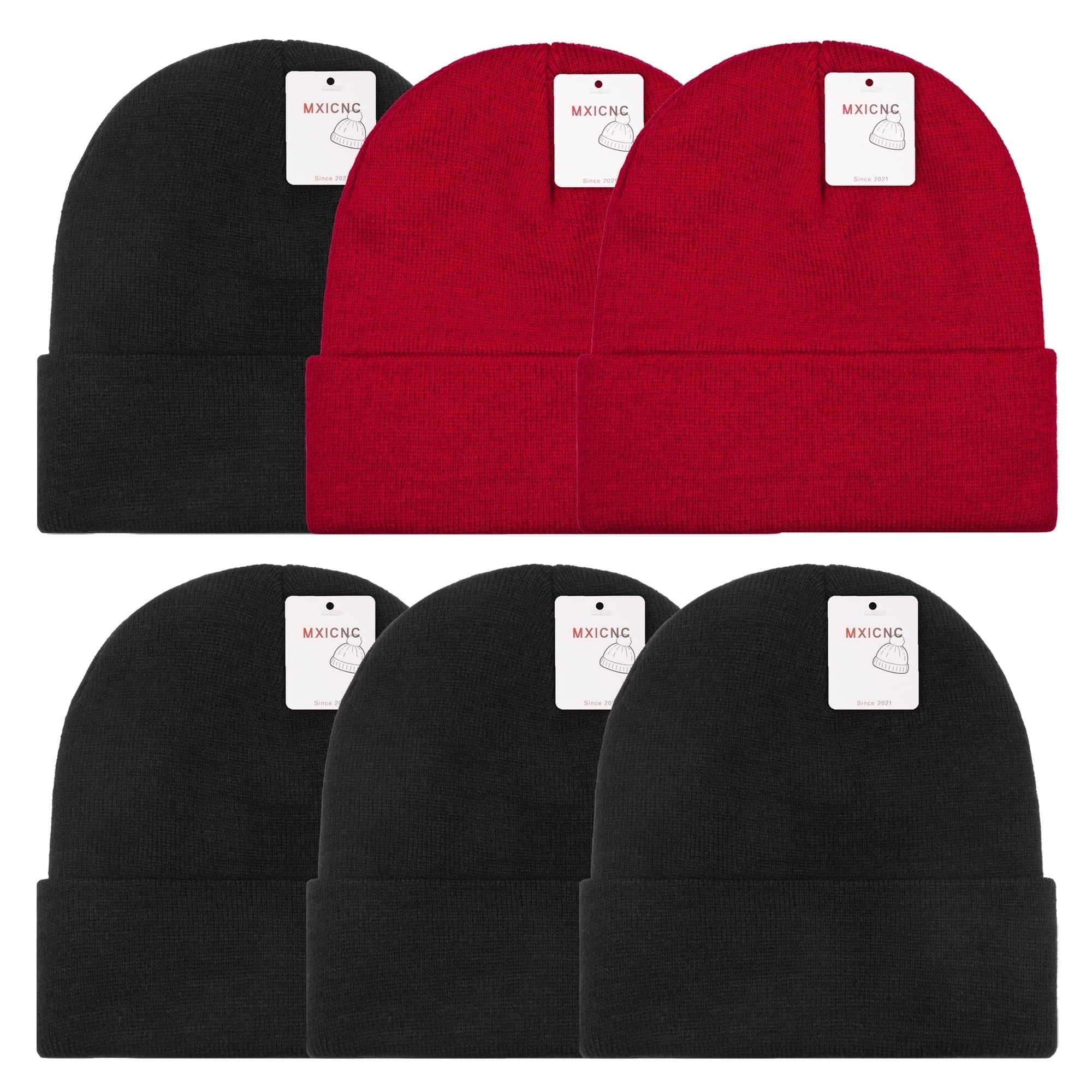 6 Pack Winter Beanie Hats for Men Women, Warm Cozy Knitted Cuffed Skull Cap, 6 Black-White