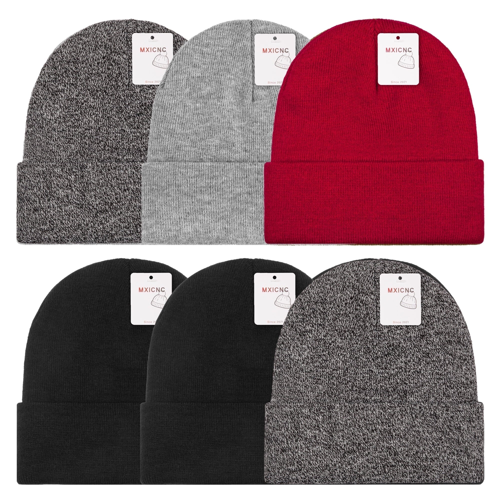 6 Pack Winter Beanie Hats for Men Women, Warm Cozy Knitted Cuffed Skull Cap, 6 Black-White