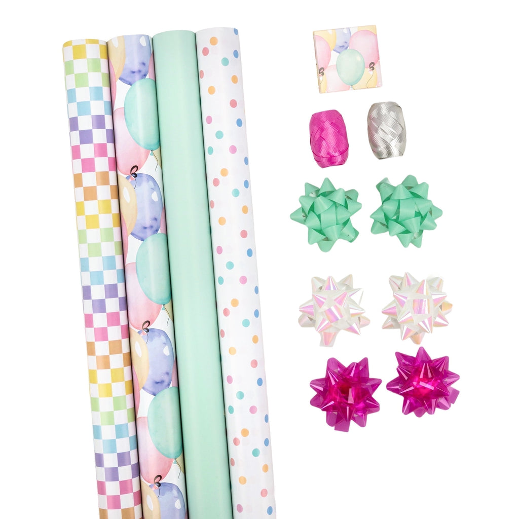 LaRibbons 30" x 8' Birthday Gift Wrap Kit, Wrapping Paper Rolls and Bows, Ribbon Eggs, Gift Tags, Pastel Party