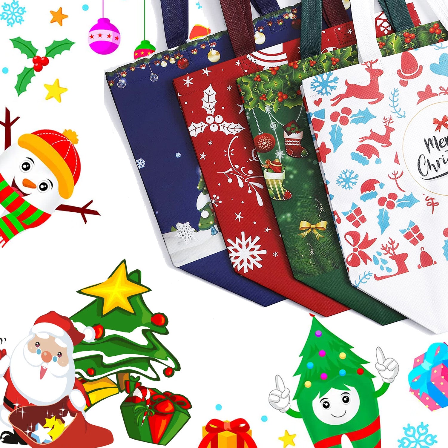 16PCS Christmas Gift Bags, Multifunctional Non-Woven Shopping Totes for Gifts Wrapping Shopping