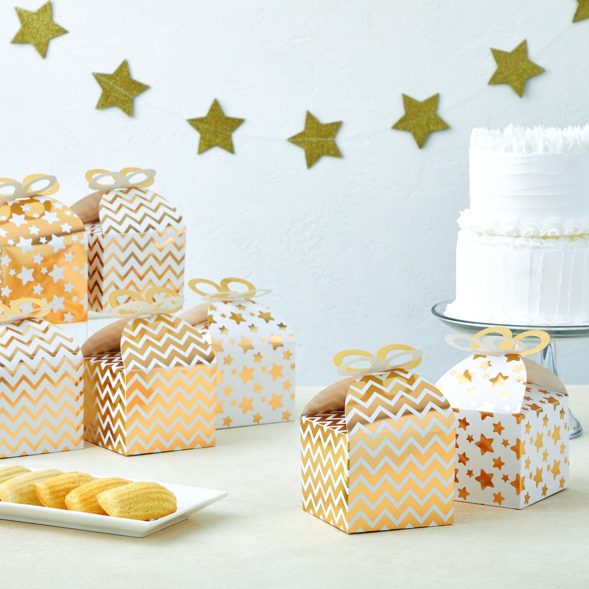 36 Pack Mini Gable Boxes for Party Favors, Birthday, Wedding, Anniversaries, Valentines, Engagement, Gold Foil Ornament Gift Boxes, 4 Patterns Designs (3.7x3.2x3.7 in)