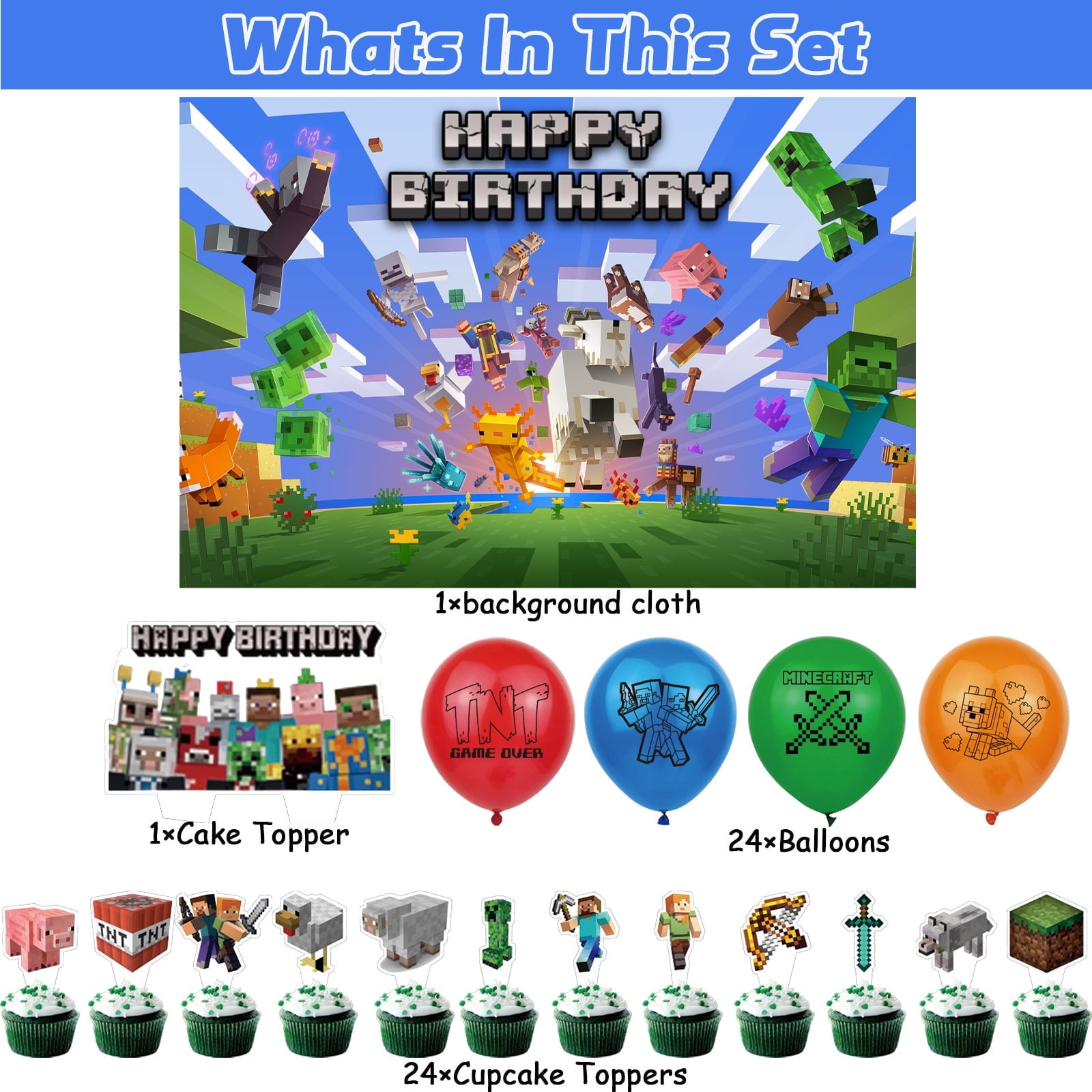 50-Pcs For Minecraft Cartoon-Themed Party Decoration Set – Includes Backdrop, Cake Topper, 24 Cupcake Toppers, and 24 Balloons for Festive Celebrations