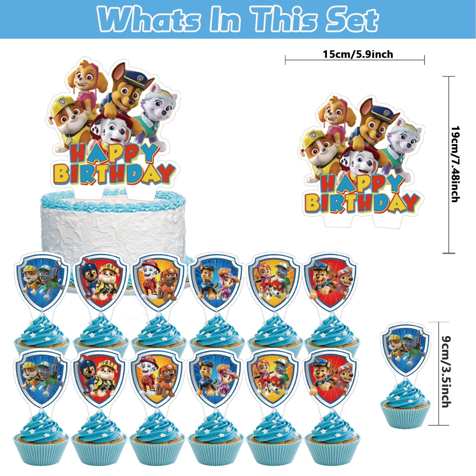 46-Pcs For Paw Cartoon For Patrol-Themed Party Decoration Set – Includes Backdrop, Cake Topper, 24 Cupcake Toppers, and 20 Balloons for Festive Celebrations