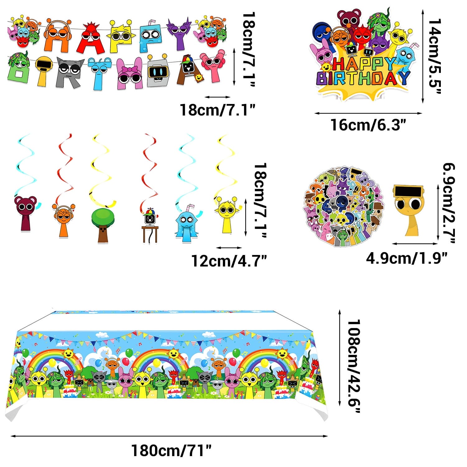 231 Pcs Sprunki Birthday Party Decoration Set - 24 Cake Toppers, 18 Balloons, 1 Happy Birthday Banner, 55 Stickers, 1 Large Cake Topper, 1 Table Cloth, 1 Backdrop Banner Party Supplies for Fans.