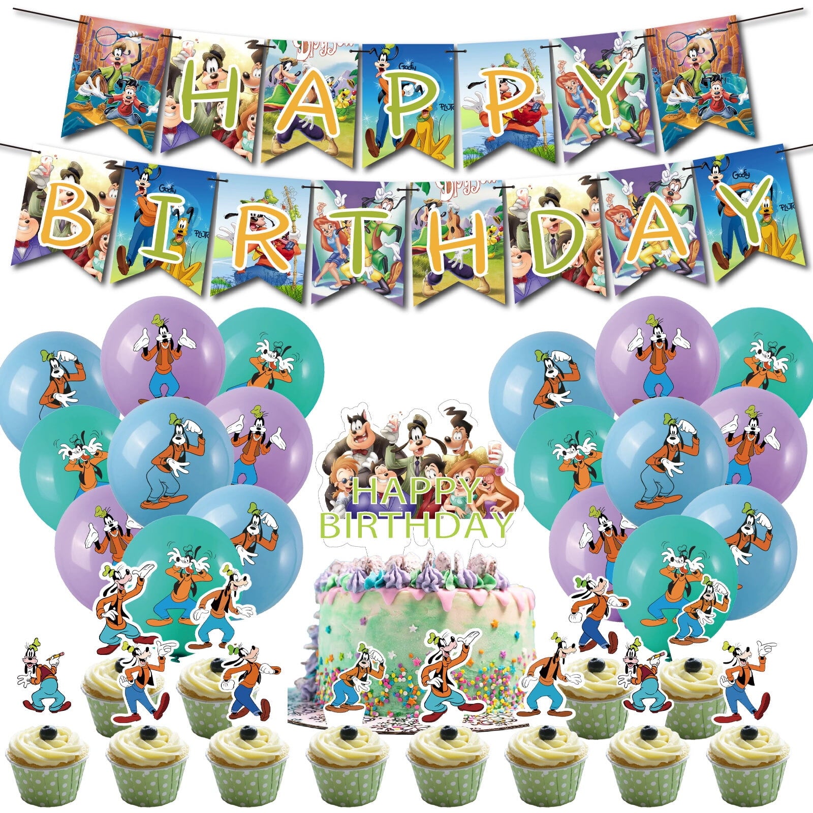 32 Pcs For A Goofy Movie Theme Birthday Party Decorations,With 1 Happy Birthday Banner Garland,13 Cupcake Toppers,18 Balloons for Party Decorations