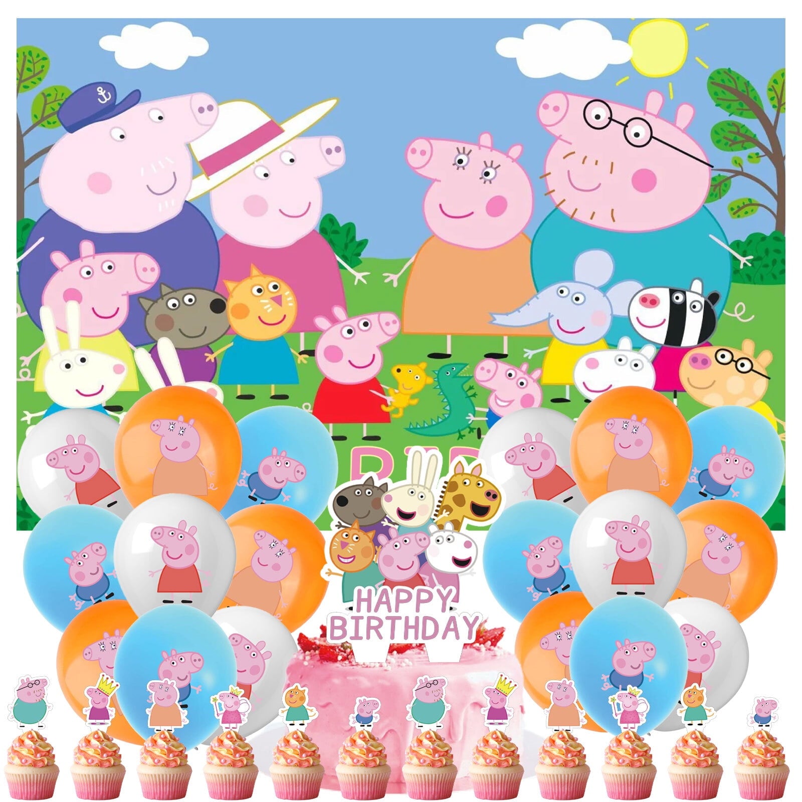 32-Pcs For Peppa Cartoon For Pig-Themed Party Decoration Set – Includes Backdrop, Cake Topper, 12 Cupcake Toppers, and 18 Balloons for Festive Celebrations