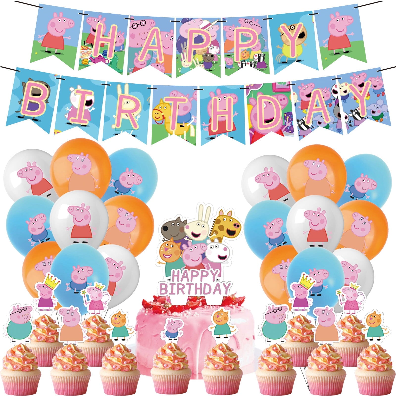 32-Pcs For Peppa Cartoon For Pig-Themed Party Decoration Set – Includes Banner, Cake Topper, 12 Cupcake Toppers, and 18 Balloons for Festive Celebrations