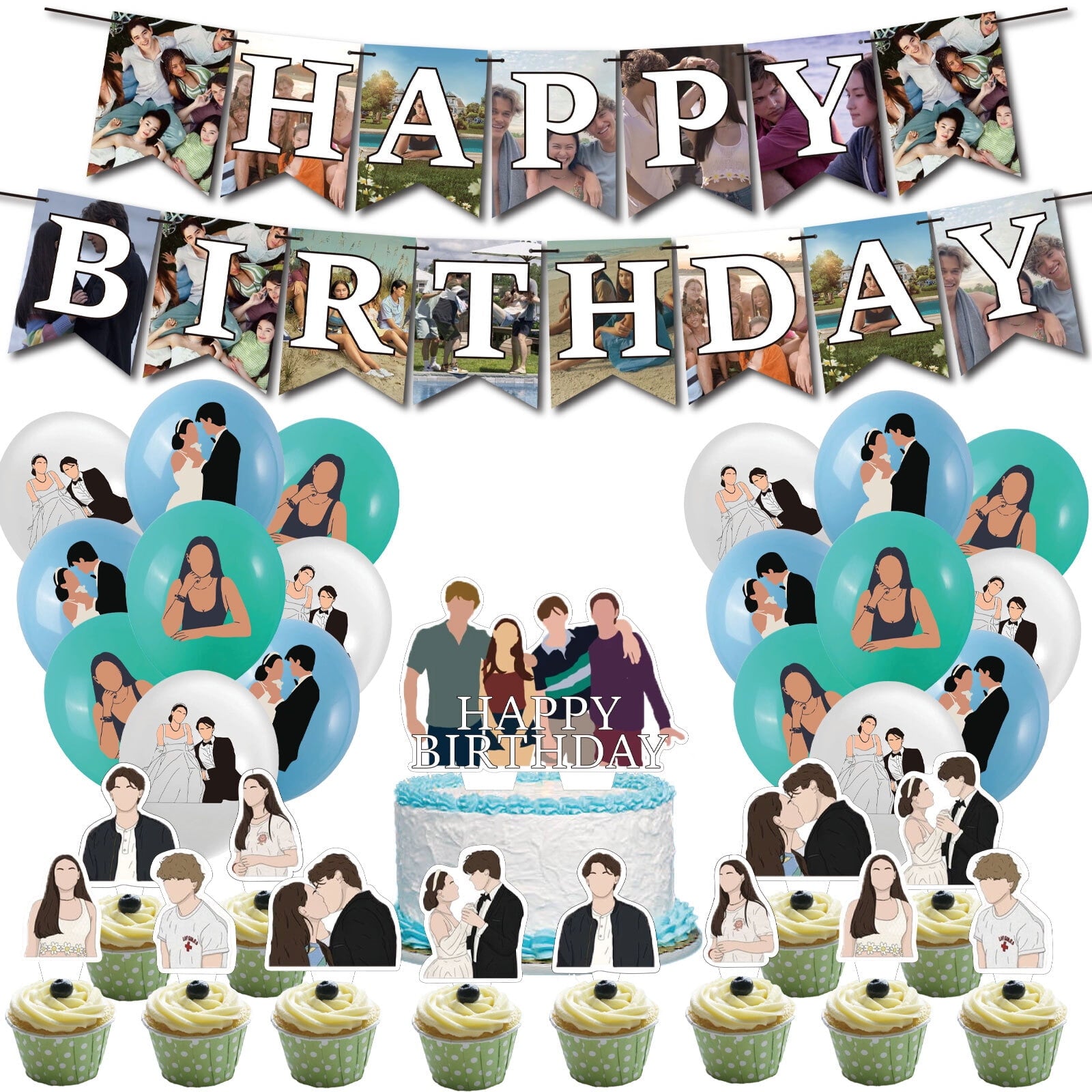 32 Pcs For The Summer I Turned Pretty Theme Birthday Party Decorations,With 1 Happy Birthday Banner Garland,13 Cupcake Toppers,18 Balloons for Party Decorations