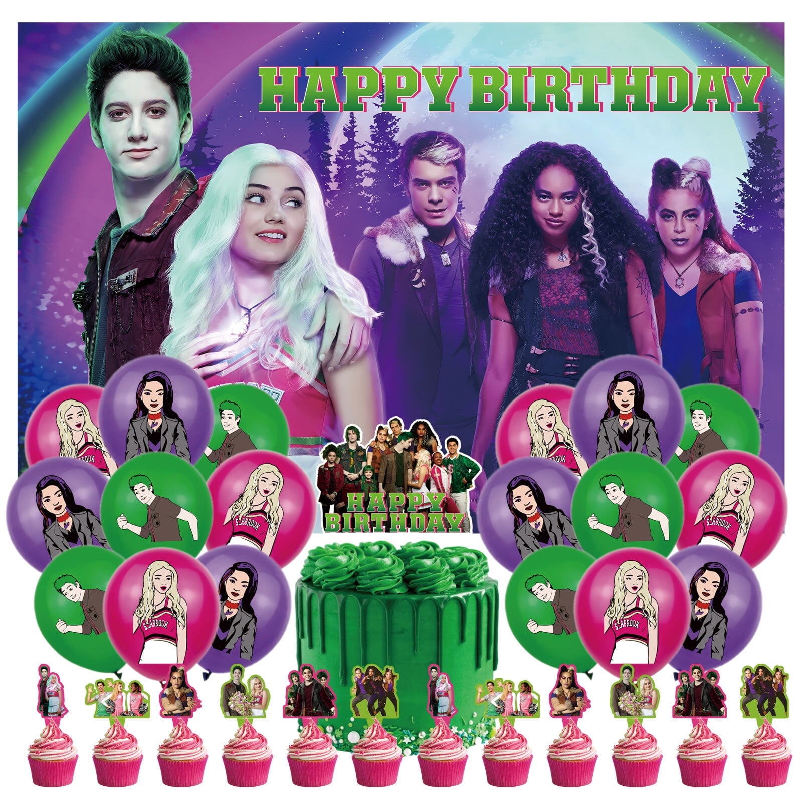 32 Pcs For Zombies Cartoon - Party Decoration Kit – Includes Backdrop, Cake Topper, 12 Cupcake Toppers, and 18 Balloons for Festive and Birthday Celebrations