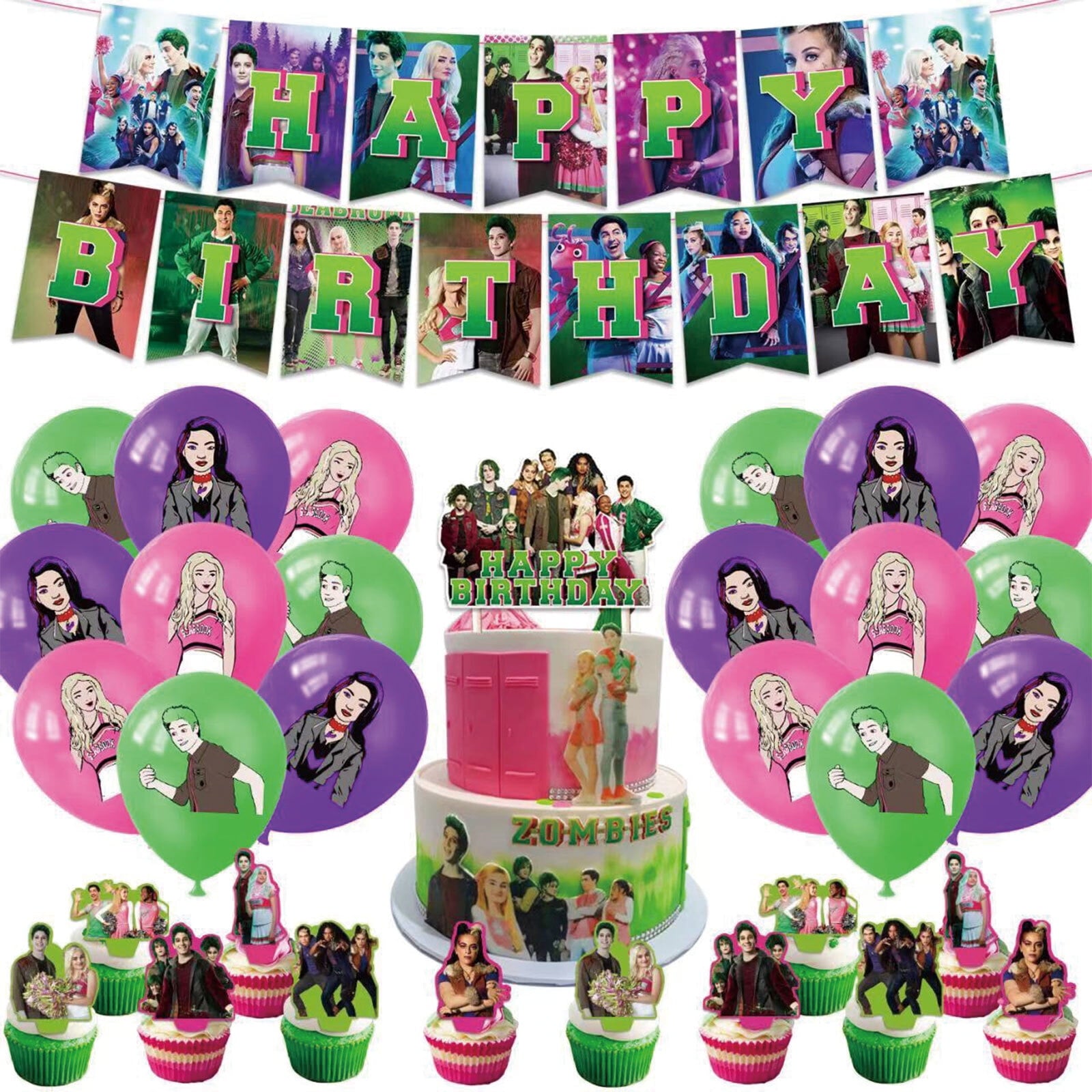 32-Piece For Zombies-Inspired Party Decoration Set – Includes Banner, Cake Topper, 12 Cupcake Toppers, and 18 Balloons for Festive Occasions and Celebrations