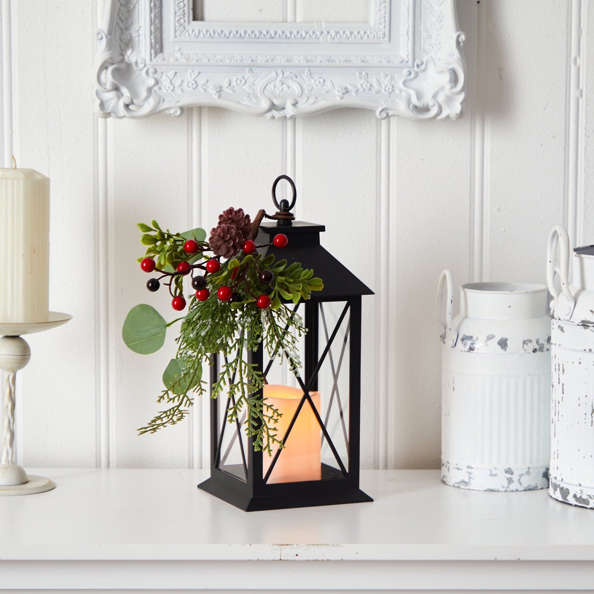 Nearly Natural 12in. Holiday Berries and Greenery Metal Lantern Artificial Table Christmas Arrangement with LED Candle Included