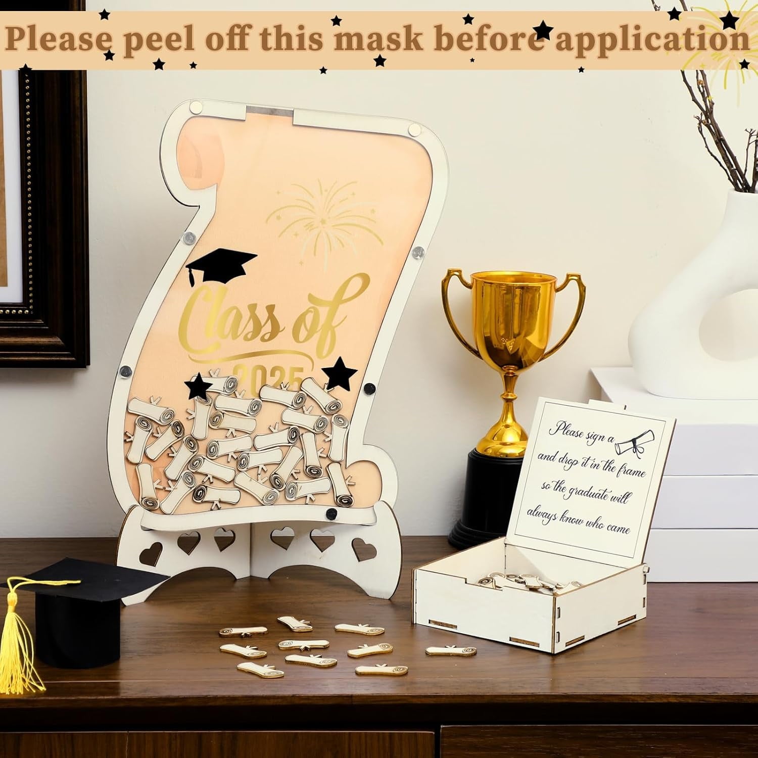 Graduation Guest Book 2025 Graduation Signatures Collecting Name Drop Sign Book with 100pcs Wooden Scroll 1pc Storage Welcome Box 2pcs Pens for Congrats Graduation Party