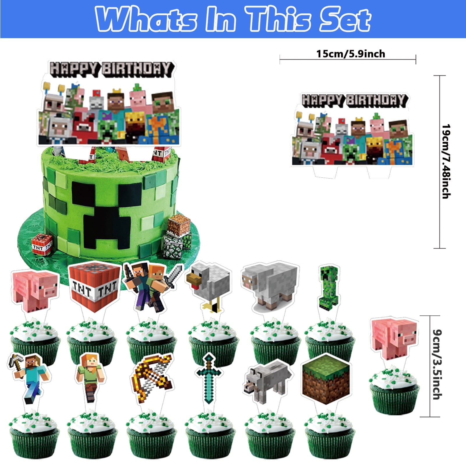 50-Pcs For Minecraft Cartoon-Themed Party Decoration Set – Includes Backdrop, Cake Topper, 24 Cupcake Toppers, and 24 Balloons for Festive Celebrations