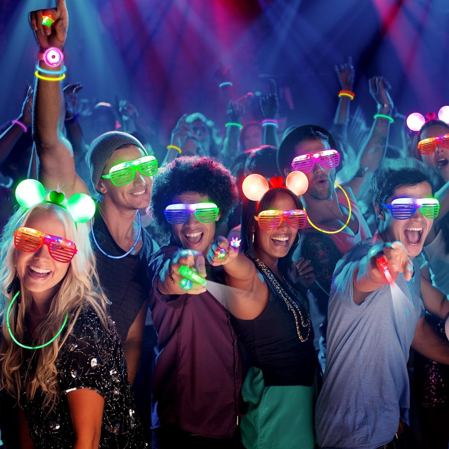 Mocoosy 103Pcs Glow in the Dark Party Supplies Light Up Party Favors LED Neon Halloween Toys Glow Sticks Bulk With Glow Sticks, Finger Lights, Led Glasses,Jelly Rings, Light Up Bracelets &Headbands