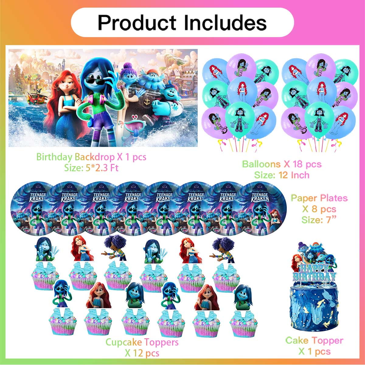 Ruby Gillman Teenage Kraken Party Supplies Balloons Tableware Birthday Decorations Plates Banner Cake Topper Backdrop