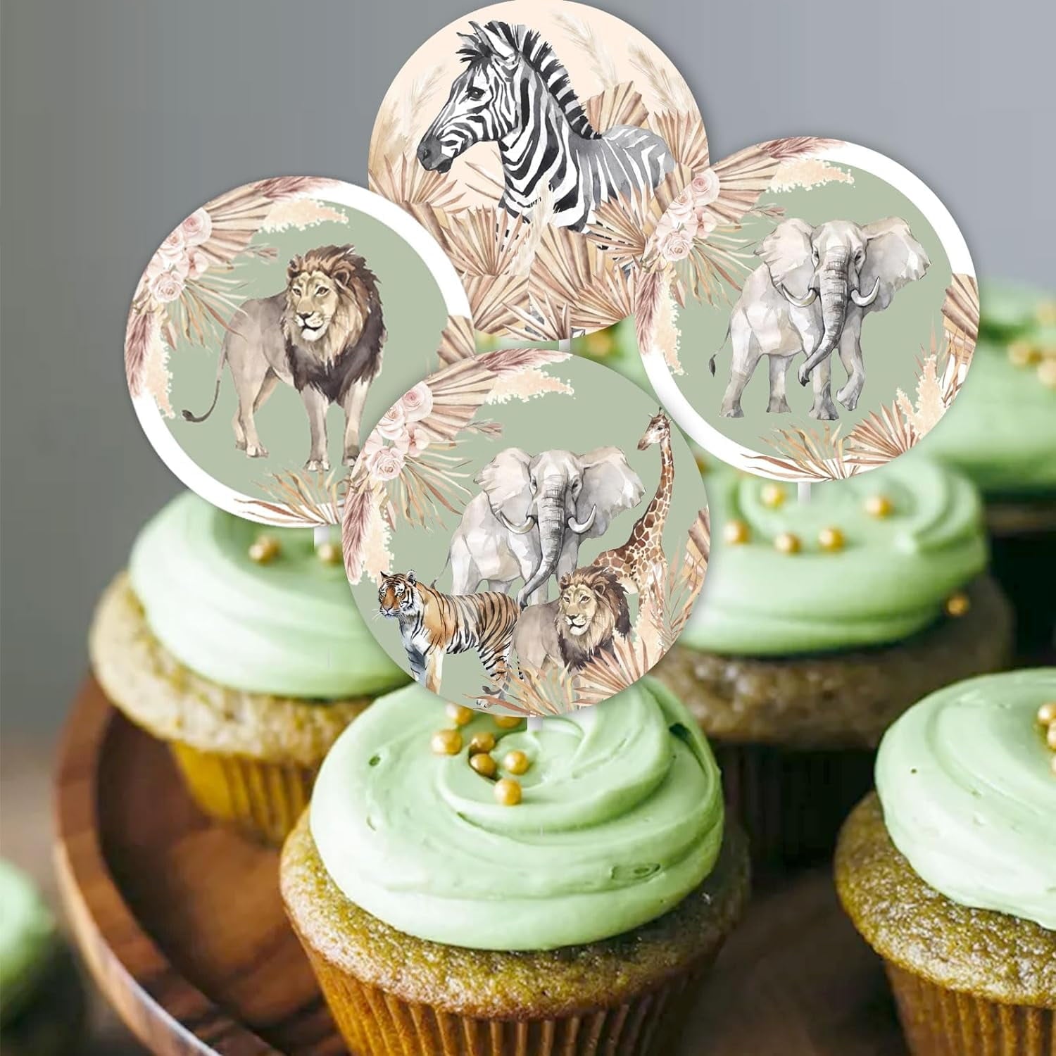 Kreatwow Jungle Safari Animals Cake Toppers Retro Green Cupcake Toppers with Elephants and Lions Jungle Safari Birthday Cake Decorations for Wild One Wild Two Jungle Safari Birthday Safari Baby Shower