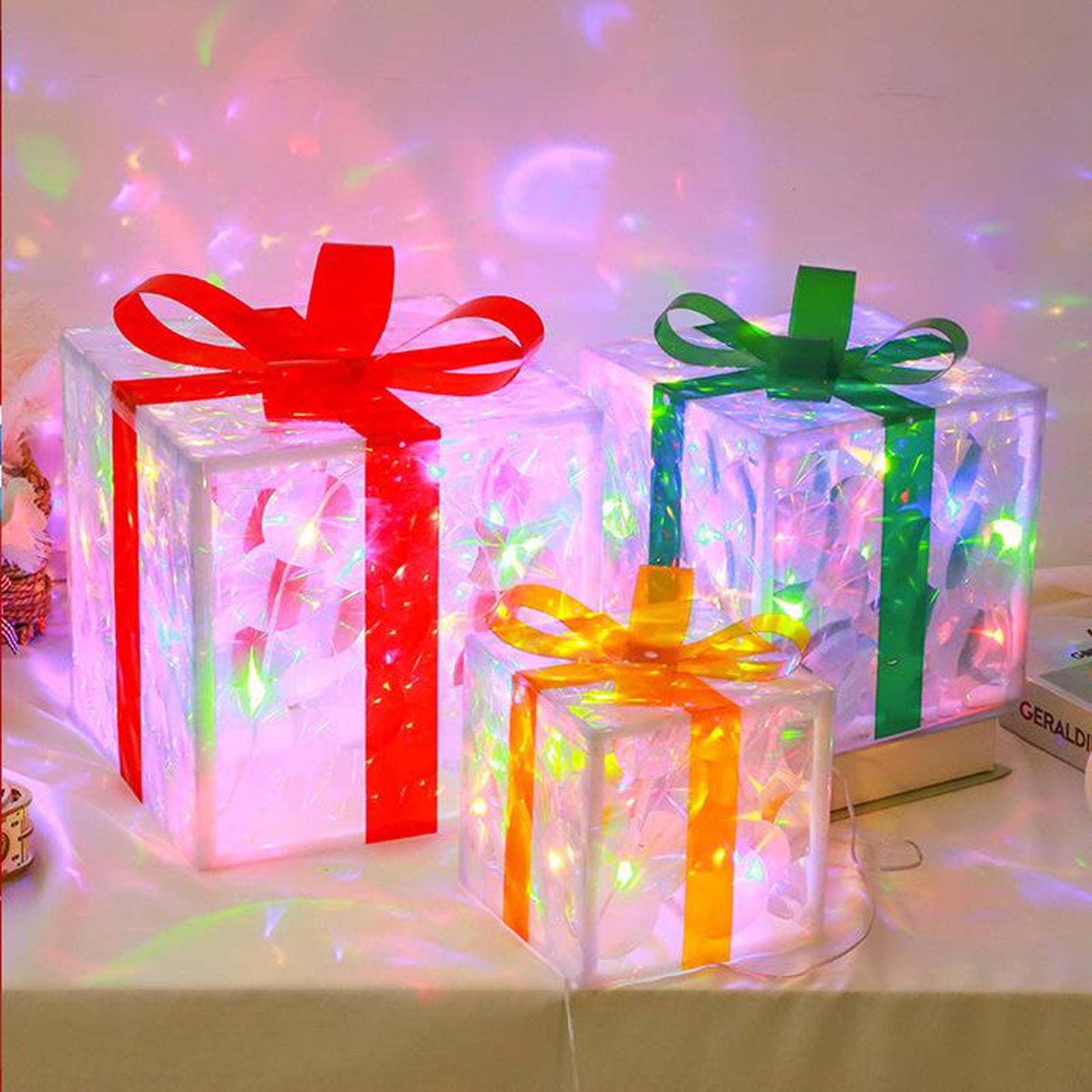 KeirineCC 3 Pack Christmas Lighted Gift Boxes Decor, Battery Operated Light up Gift Box, Christmas Decorations Tree Indoor Outdoor Home Xmas Present Box - Pink
