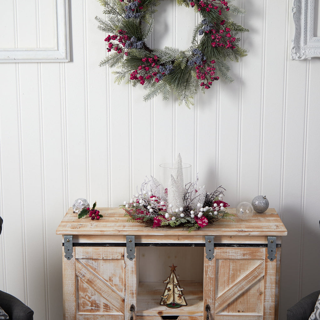 Nearly Natural 15" Holiday Lighted Forest Candle Holder Table Christmas Artificial Arrangement