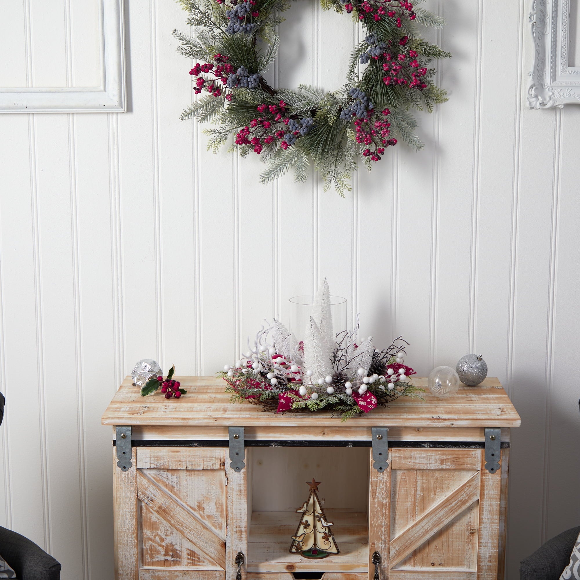 Nearly Natural 15" Holiday Lighted Forest Candle Holder Table Christmas Artificial Arrangement