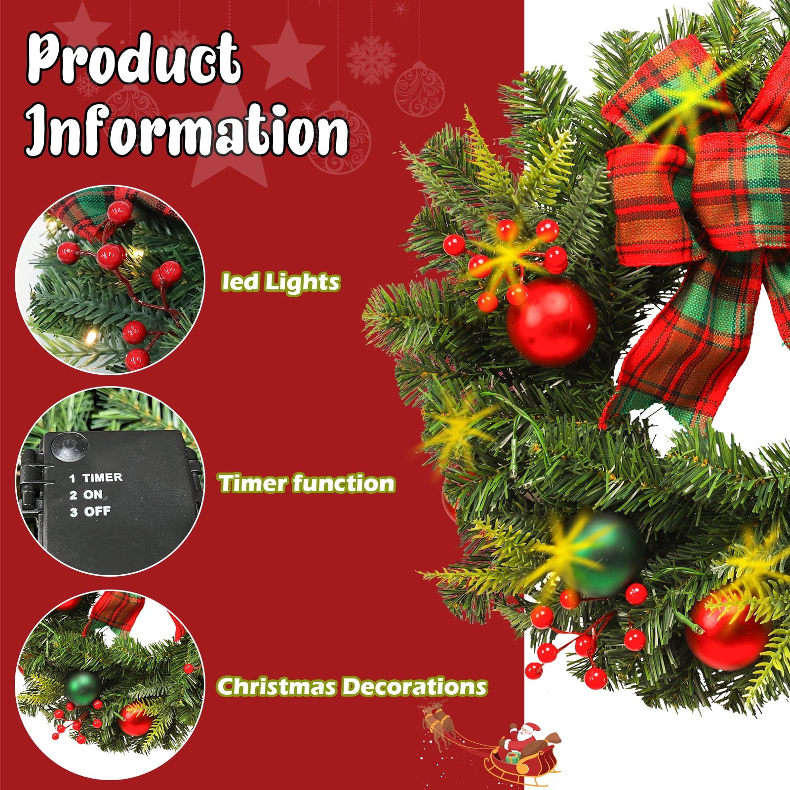 20 inch Christmas Wreaths-Christmas Wreath with Lights LED,Battery Operated LED light Wreath with ball bow for christmas festival party, patio, farmhouse decoration(green and red)