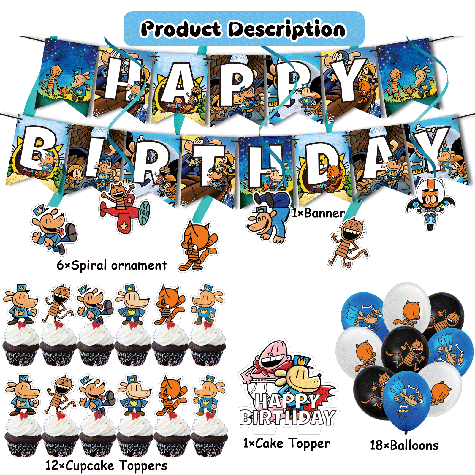 38 Pcs For Dogs Man Birthday Party Decorations,With 1 Happy Birthday Banner Garland,6 Hanging Swirls,13 Cupcake Toppers,18 Balloons for Party Supplies