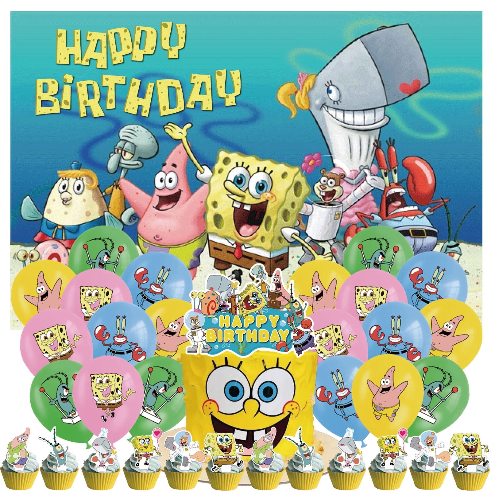 34-Pcs For SpongeBob Cartoon For SquarePants-Themed Party Decoration Set – Includes Backdrop, Cake Topper, 12 Cupcake Toppers, and 20 Balloons for Festive Celebrations