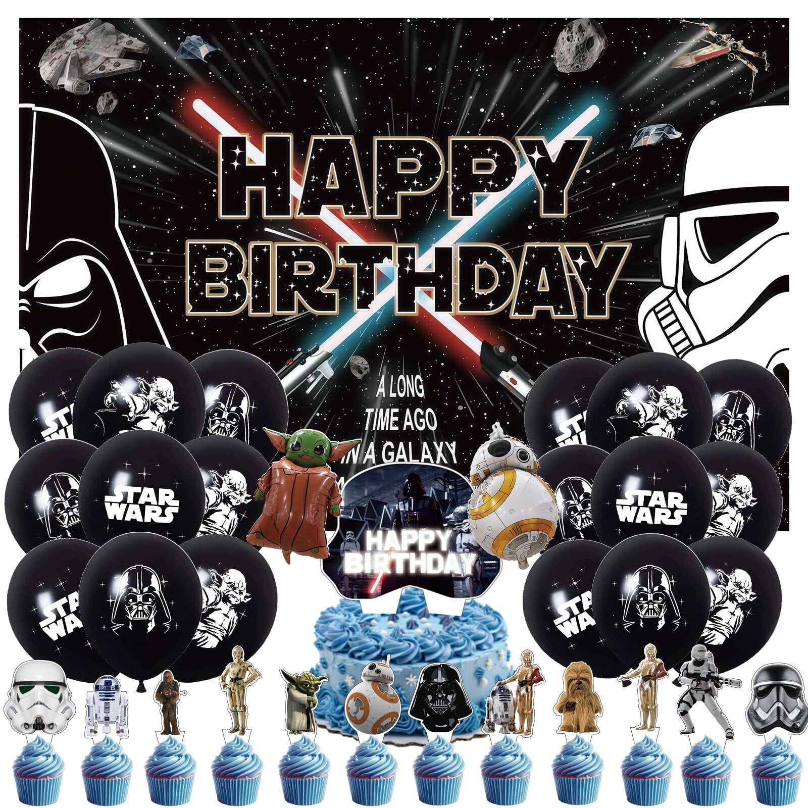 34 Pcs For Star Cartoon For Wars Party Decoration Set Mandalorian– Yoda Includes Backdrop, 2 Foil Balloons, 18 Balloons, and 13 Cupcake Toppers for Themed Celebrations
