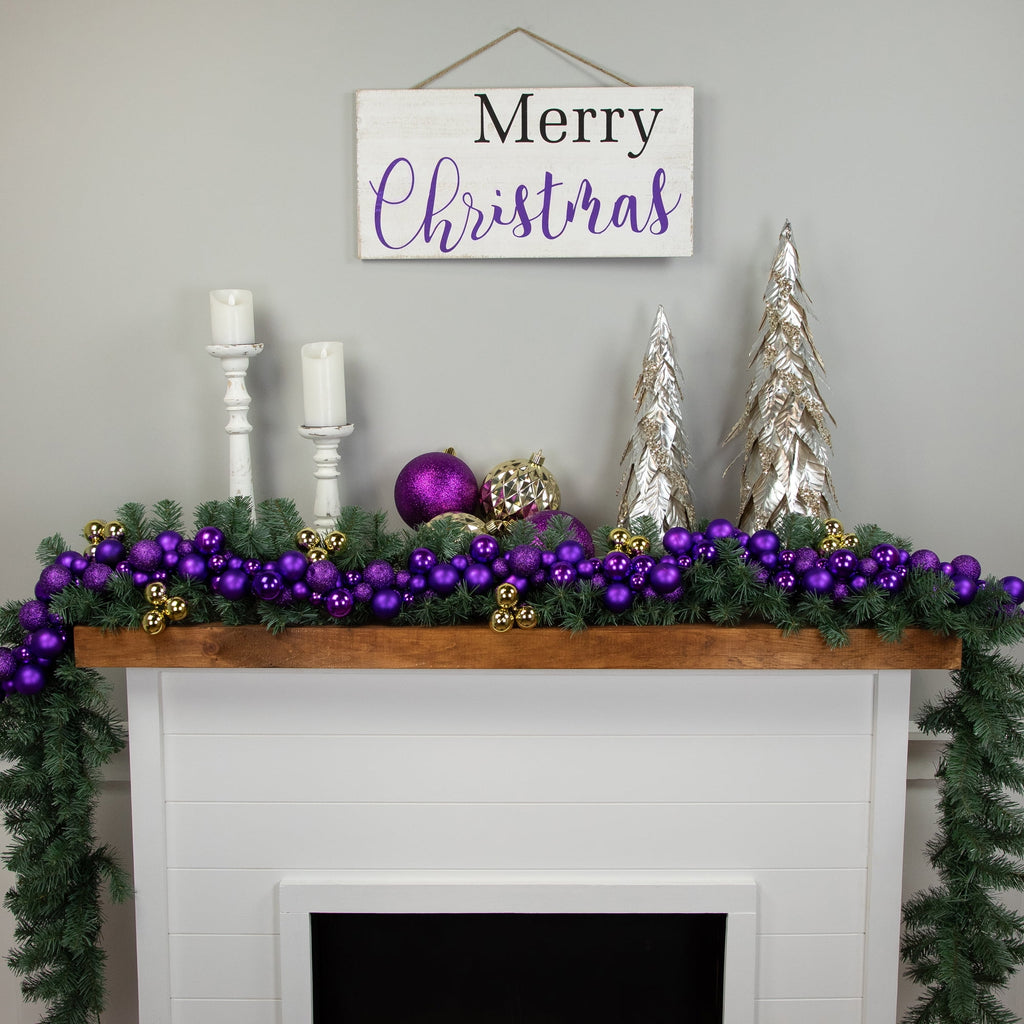 Northlight 3-Finish Shatterproof Ball Christmas Garland - 6' x 3.5" - Purple - Unlit