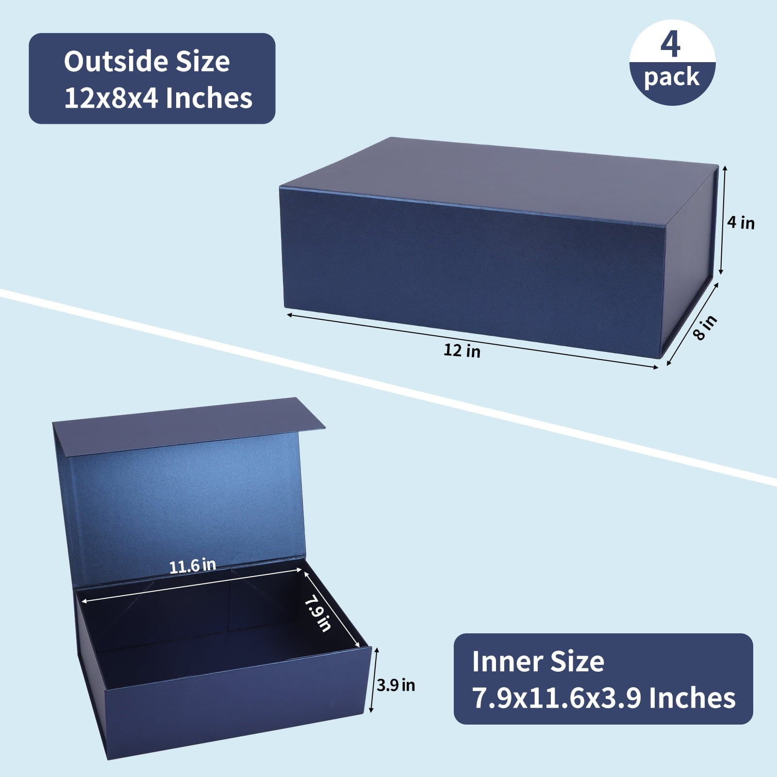 4 Pack Magnetic Closure Boxes Set, 12x8x4 Blue Gift Box with Lid for Party Festival Birthday