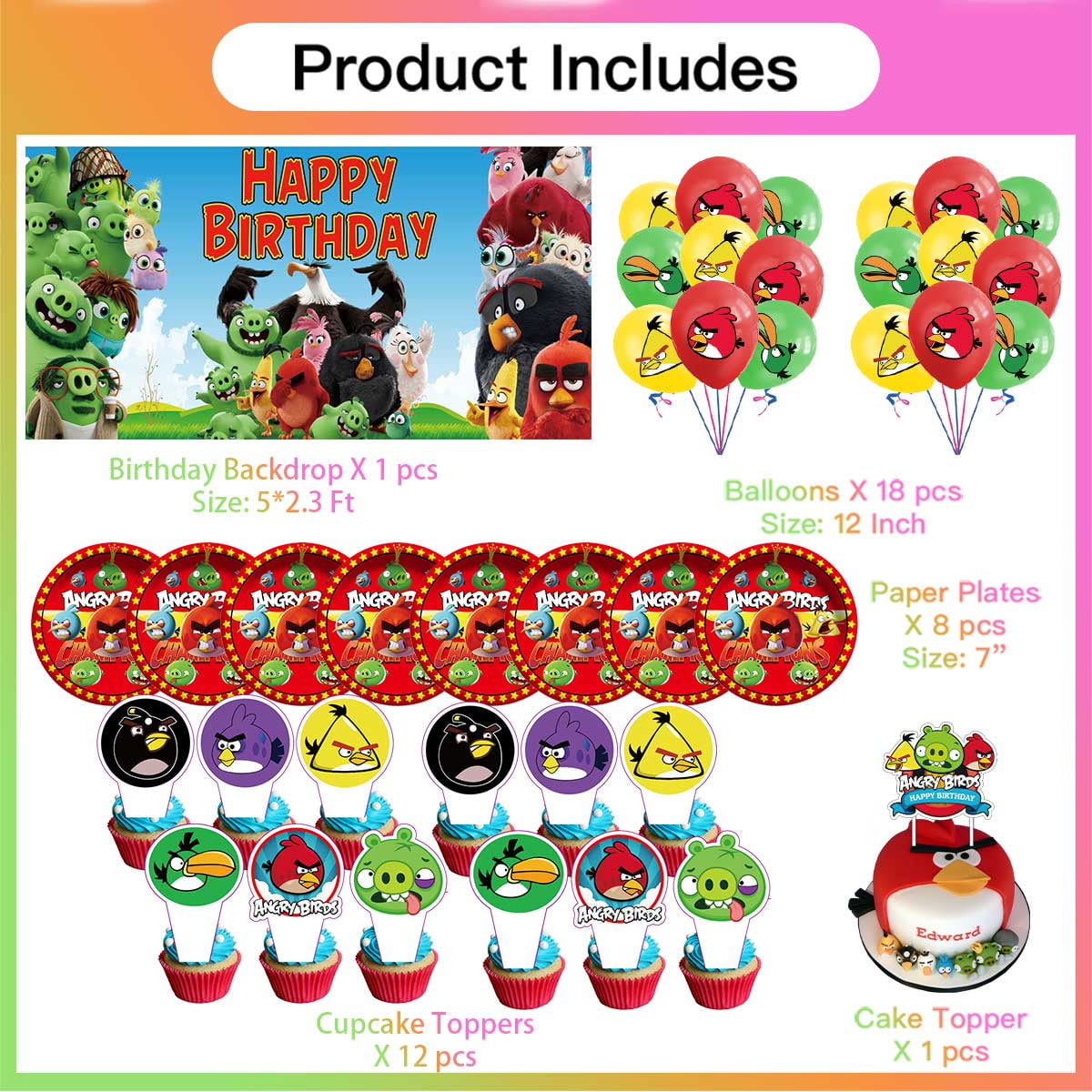 Angry Birds Plates Balloons Party Supplies Decor Backdrop Cake Topper Banner Decorations Tableware