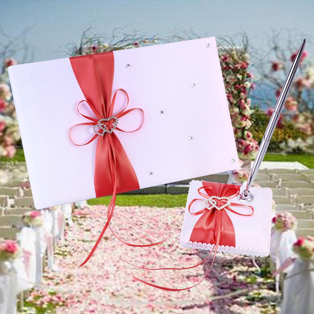 WHAMVOX Weddings Decor Guest Attendance Book with Pen and Pen Stand Sets Satin Bows Signature Book for Party Decorations (Red)