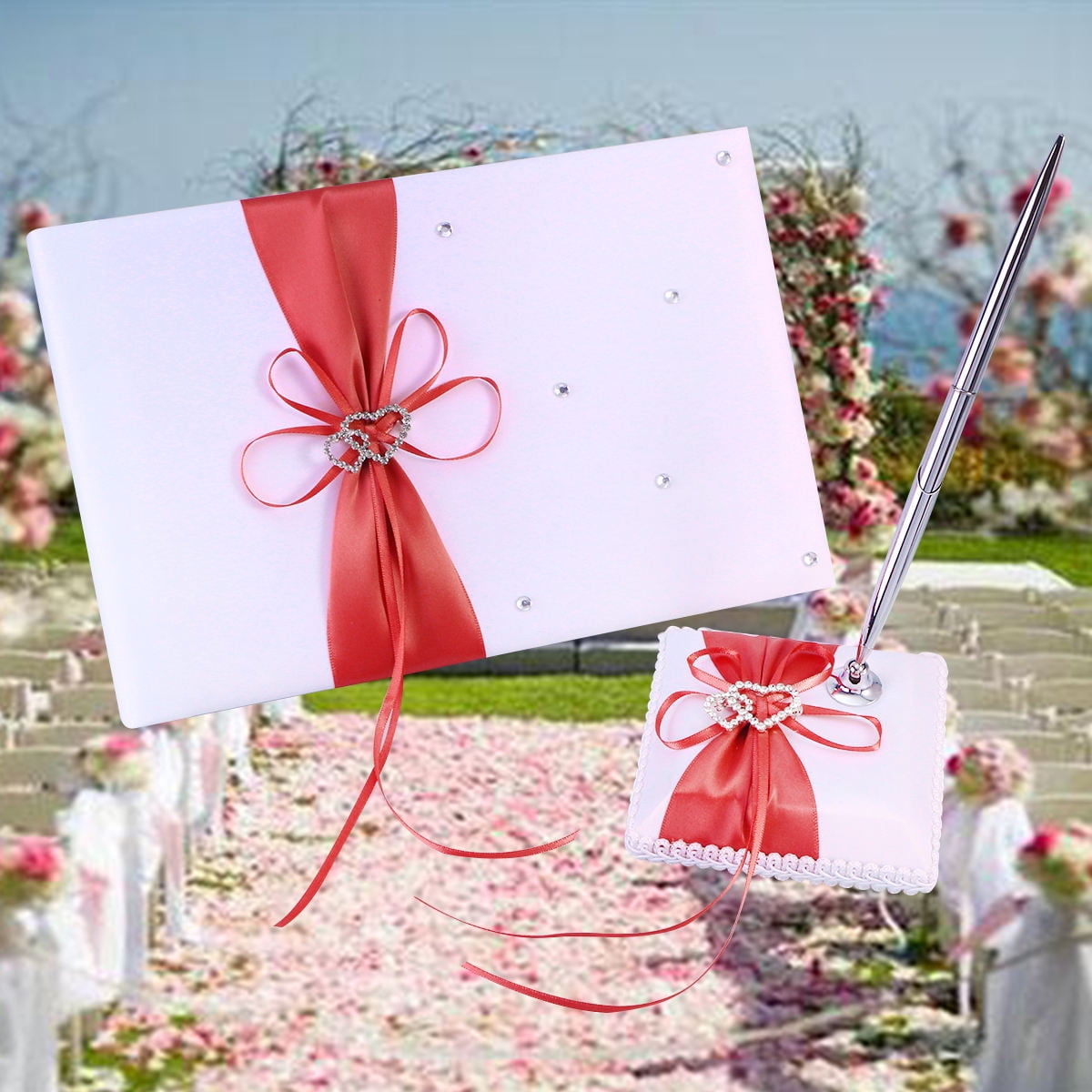 WHAMVOX Weddings Decor Guest Attendance Book with Pen and Pen Stand Sets Satin Bows Signature Book for Party Decorations (Red)