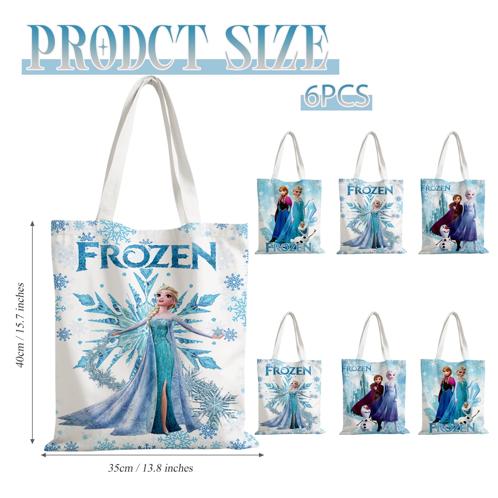 6 Pcs Winter Frozen Party Favor Canvas Tote Bags Reusable Canvas Bags Winter Frozen Gift Tote Bags Goodie Treat Candy Canvas Bags for Winter Frozen Themed Party Kids Birthday Party Baby Shower