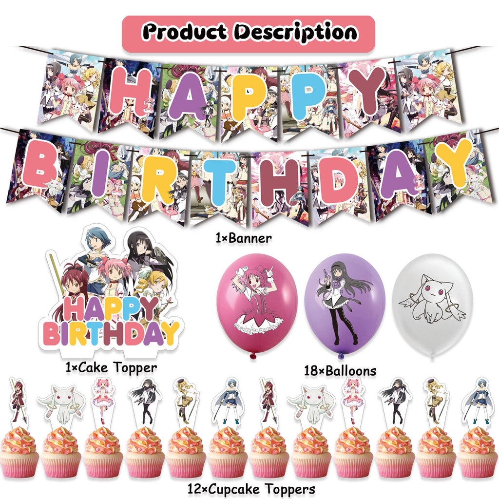 32 Pcs For Puella Magi Madoka Magica Theme Birthday Party Decorations,With 1 Happy Birthday Banner Garland,13 Cupcake Toppers,18 Balloons for Children Party Decorations