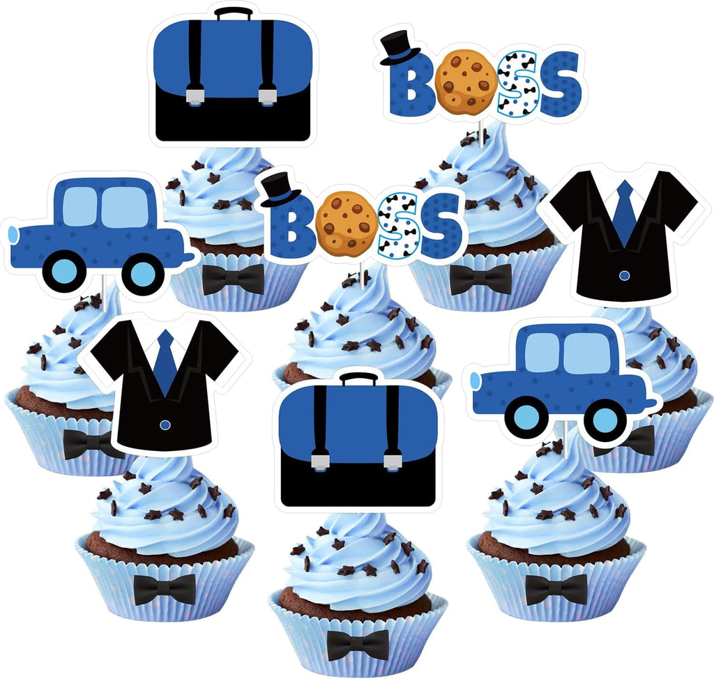 36Pcs Baby Boss Cupcake Toppers Blue & Black Little Boss Sign Cupcake Toppers Car Briefcase Boss Themed Cake Decorations for Boys Birthday Party Baby Shower Gender Reval Party Decor Supplies