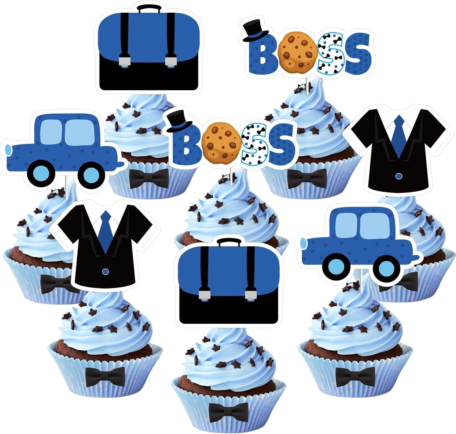 36Pcs Baby Boss Cupcake Toppers Blue & Black Little Boss Sign Cupcake Toppers Car Briefcase Boss Themed Cake Decorations for Boys Birthday Party Baby Shower Gender Reval Party Decor Supplies